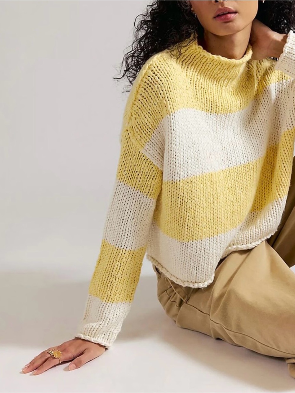 Free People Opal Rollneck Sweater in Yellow and White Stripe